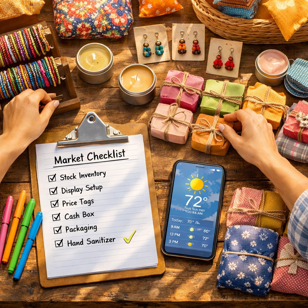 Vendor preparing for street fair with checklist and products on market table