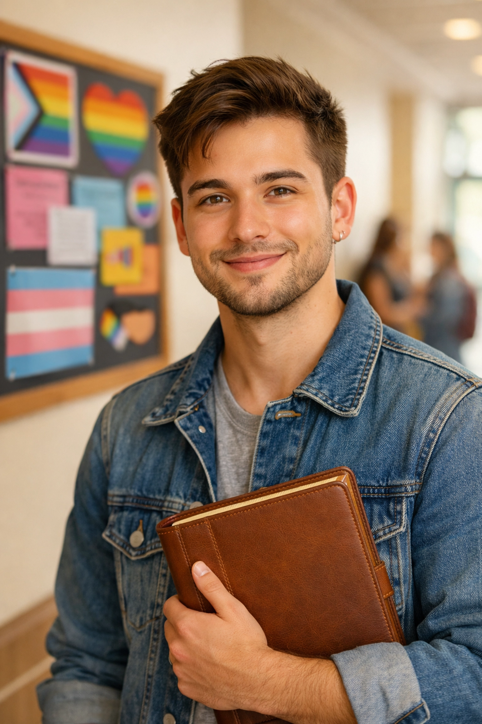 Gay student holding a notebook in a modern, inclusive university setting with LGBTQ pride symbols.