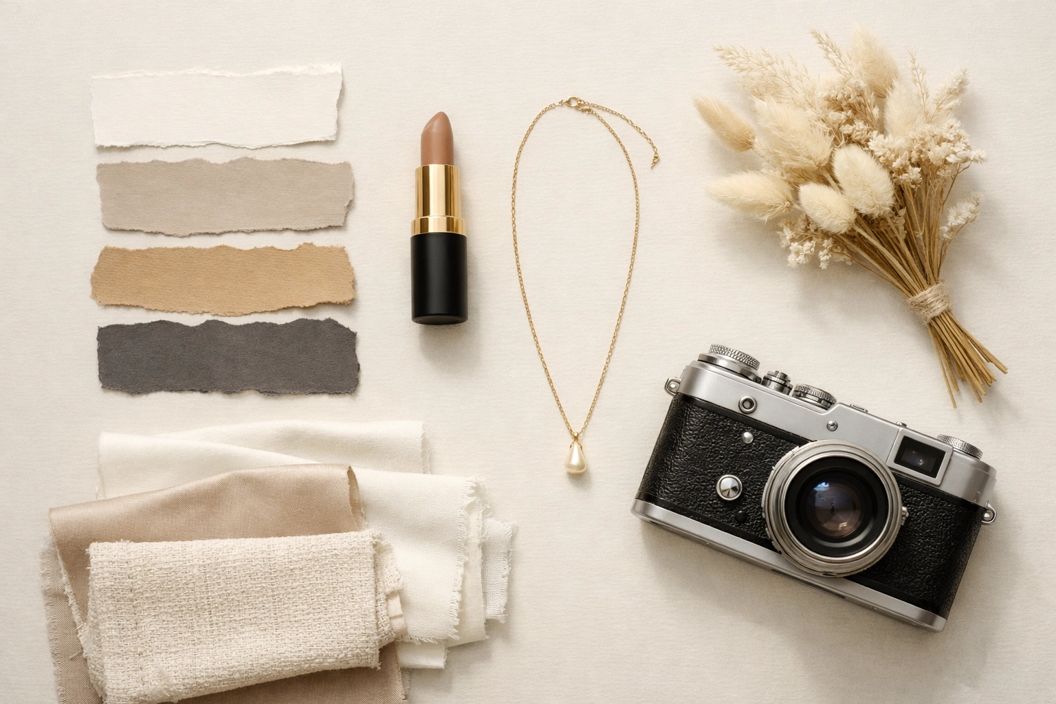 Faceless flat lay of a minimalist mood board with a vintage camera, fabric swatches, and styling details in soft natural light.