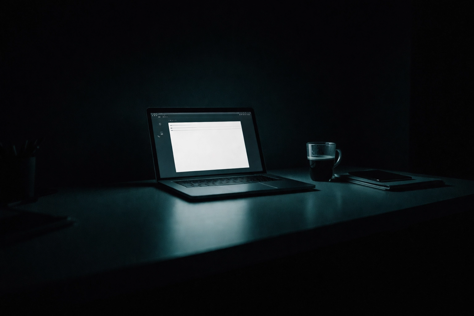 Startup founder's late-night desk with laptop and cold coffee, capturing the reality of manual outbound before hiring an SDR