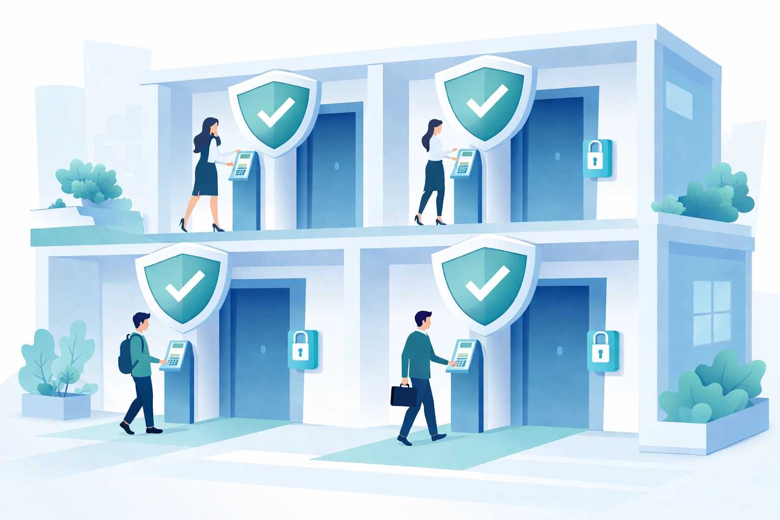 Secure office building with identity checkpoints and digital shields, representing layered cybersecurity defenses in Sarasota County