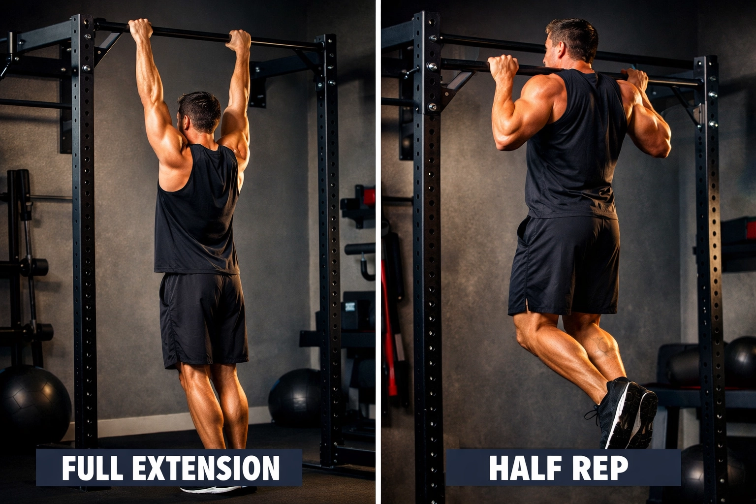 Proper pull-up form showing full range of motion from dead hang to chest-to-bar position