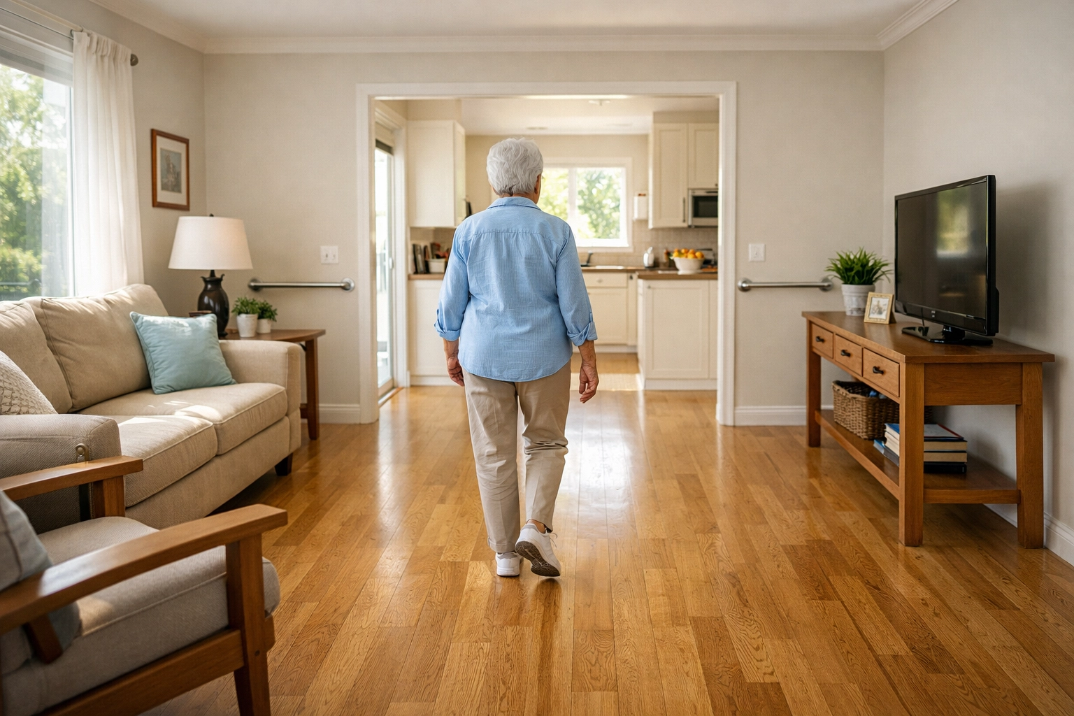 Senior woman walking through a fall-safe living room with clear walkways to prevent future accidents.
