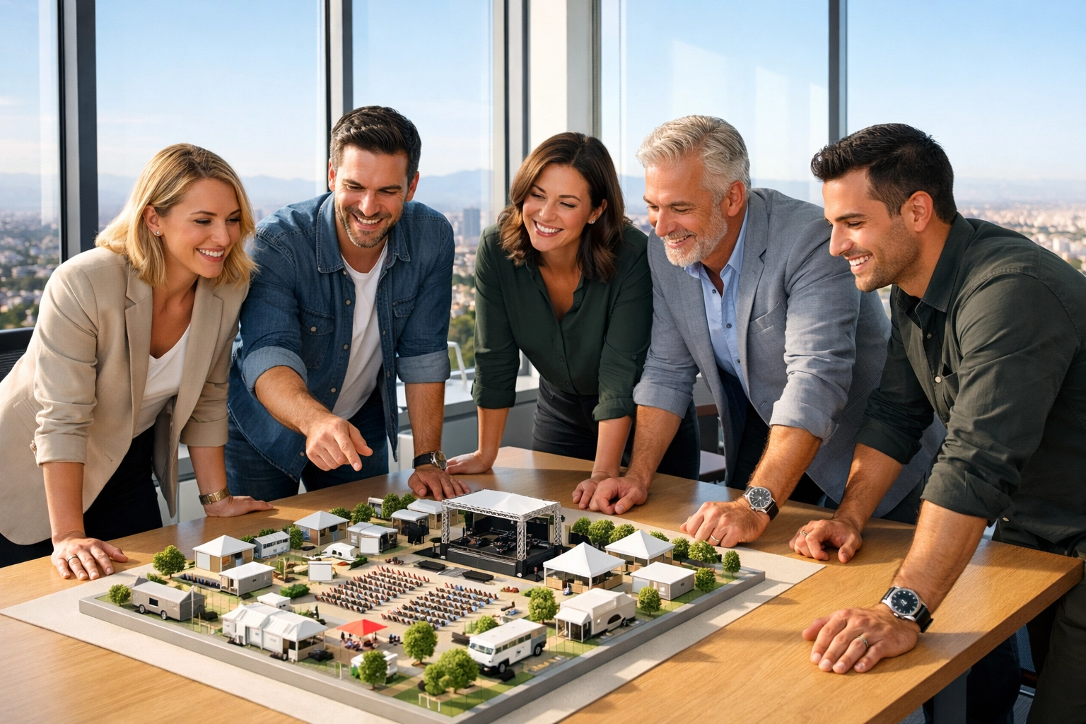 Business consultants planning strategic event connections and fan engagement in a modern boardroom.