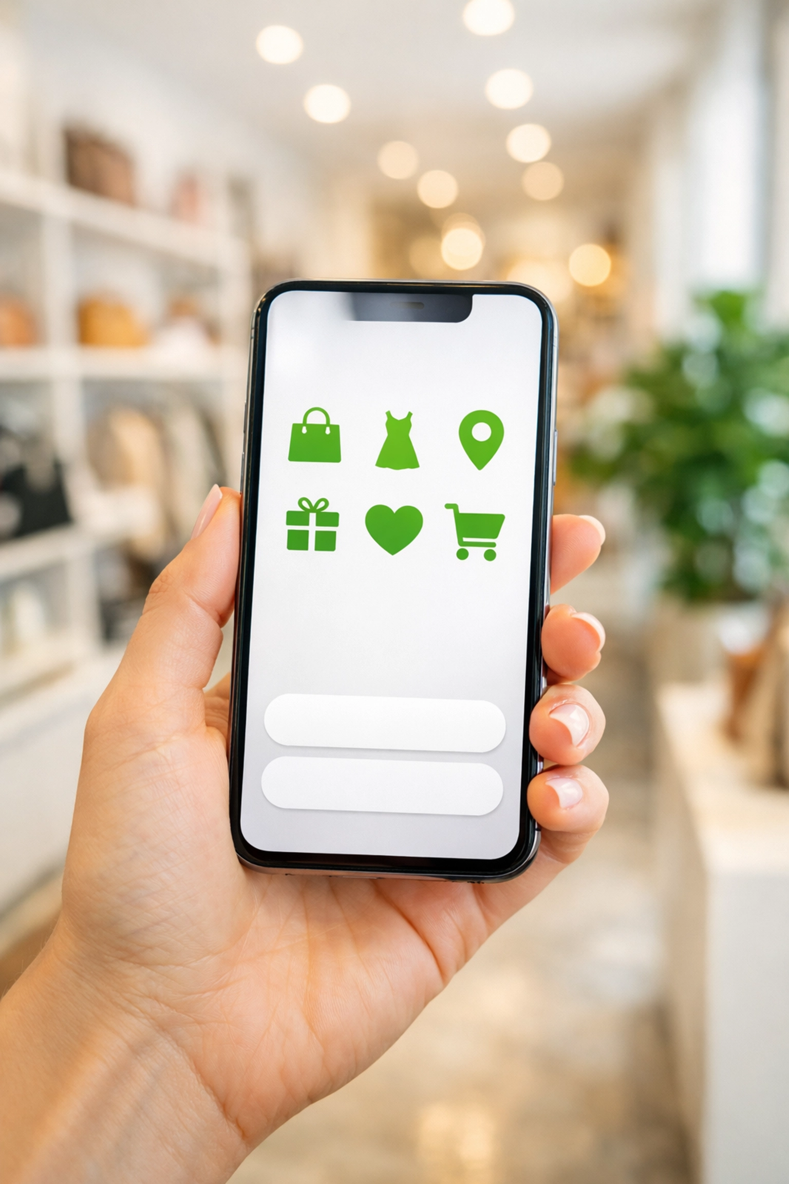 Close-up of a person holding a custom mobile app on a smartphone in a contemporary retail boutique.