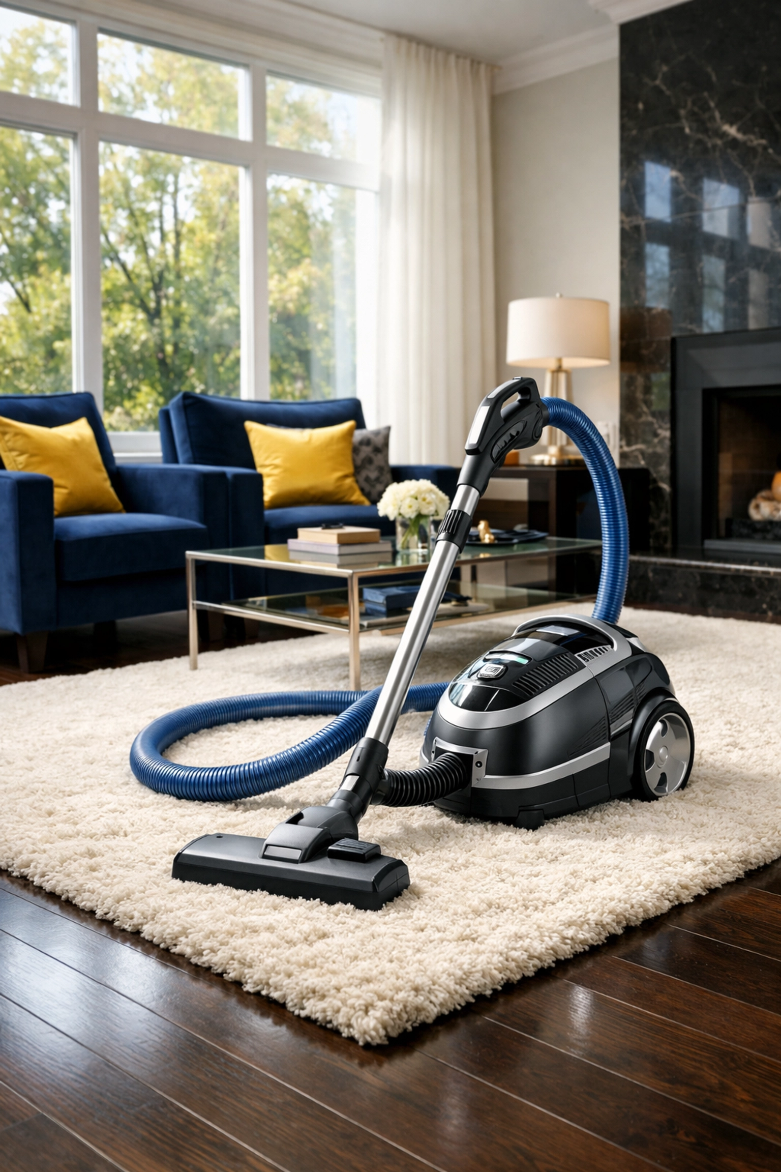 High-powered professional vacuum cleaner on a plush rug in a dust-free modern living room.