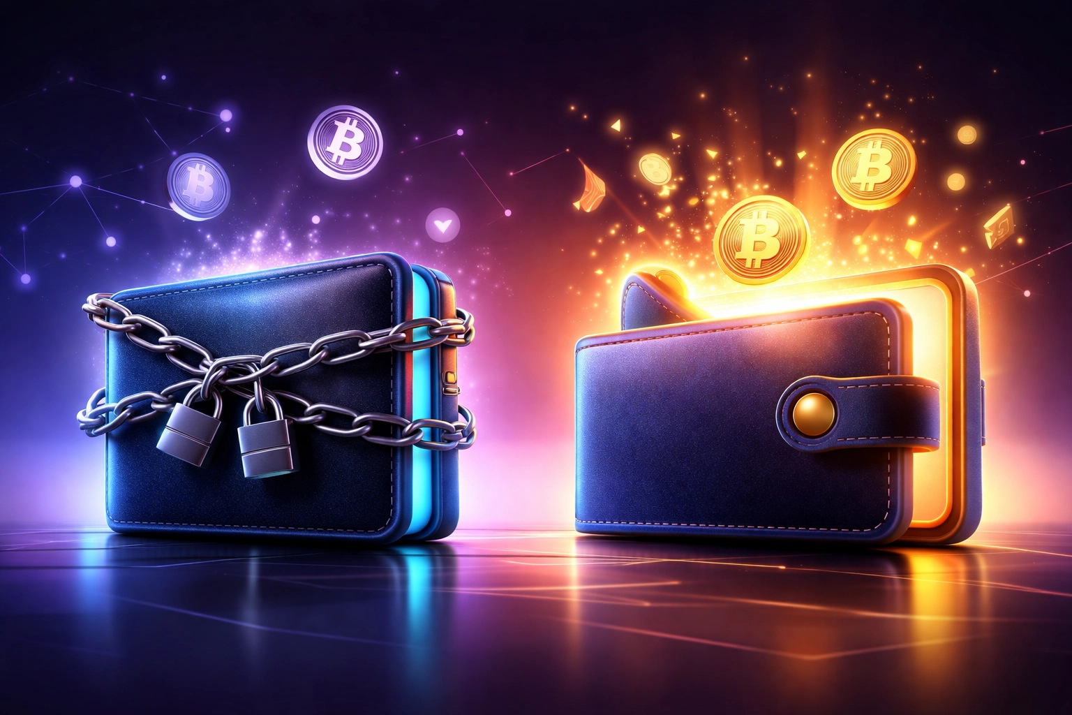 Comparison of custodial vs self-custody crypto wallets showing the contrast in fund control for Web3 merchant accounts