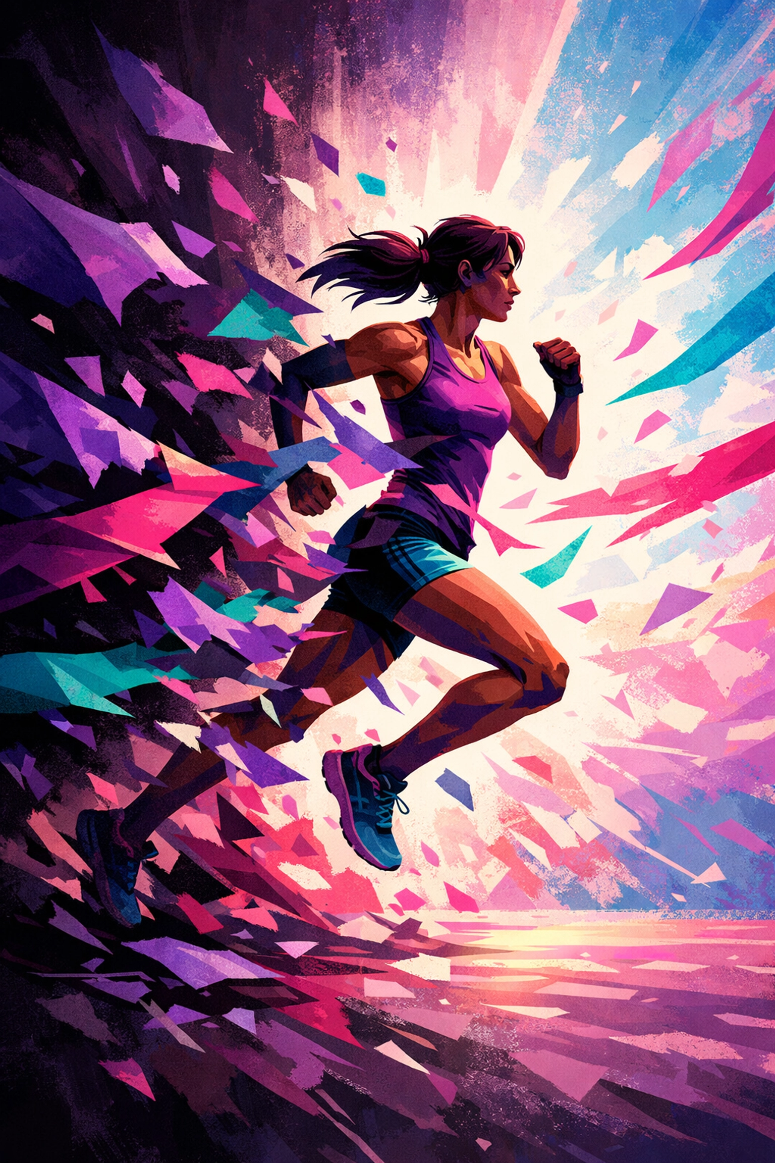 Runner breaking through barriers symbolizing overcoming obstacles in marathon and life