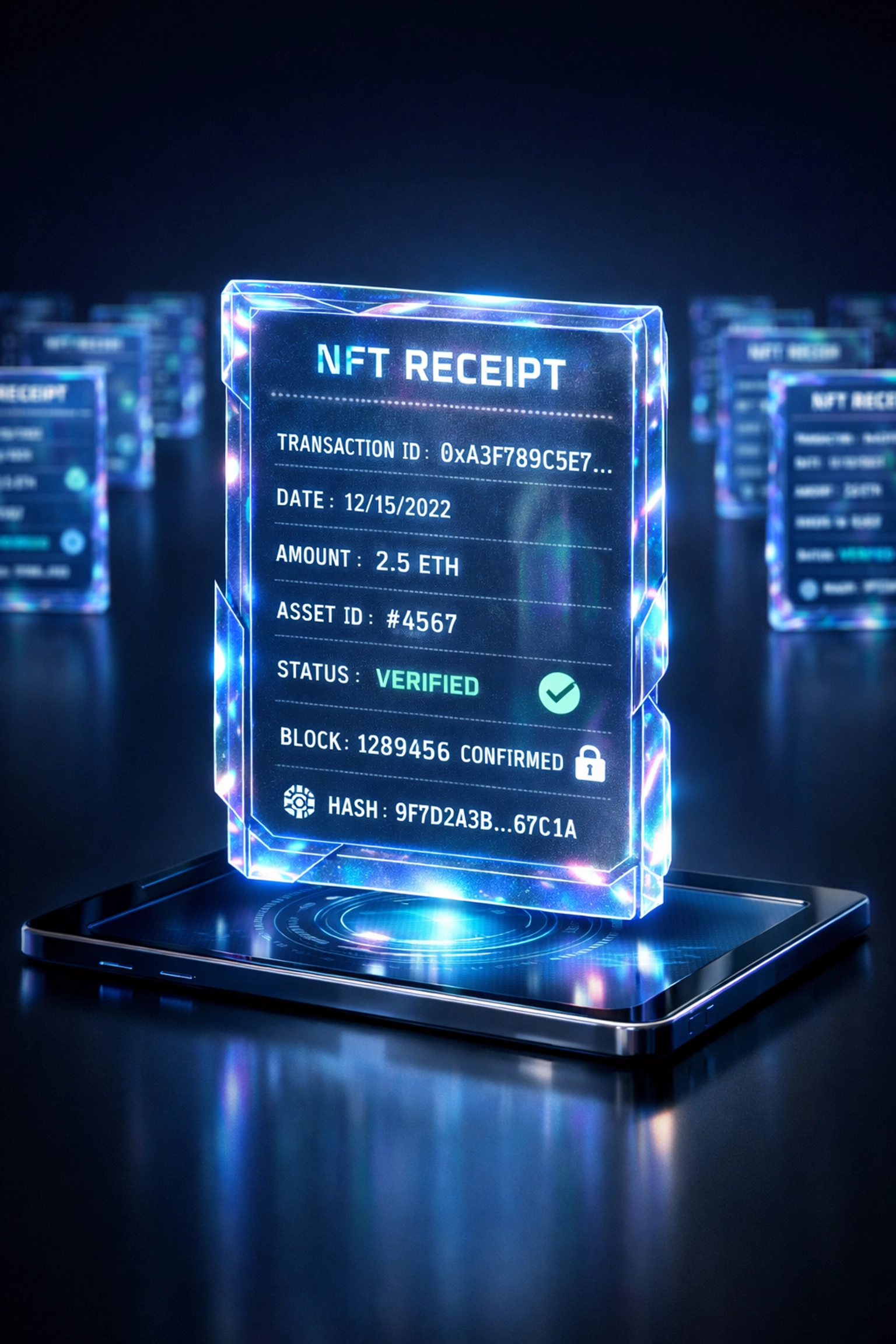 Blockchain NFT receipt showing immutable transaction records for merchant accounting and verification