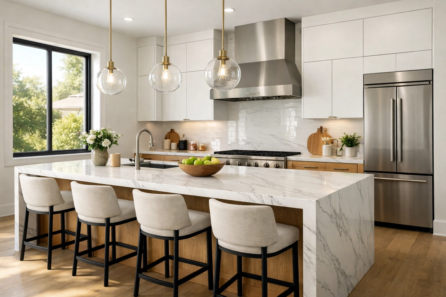 Modern kitchen remodeling Orlando with custom white oak cabinets and luxury quartz countertops.