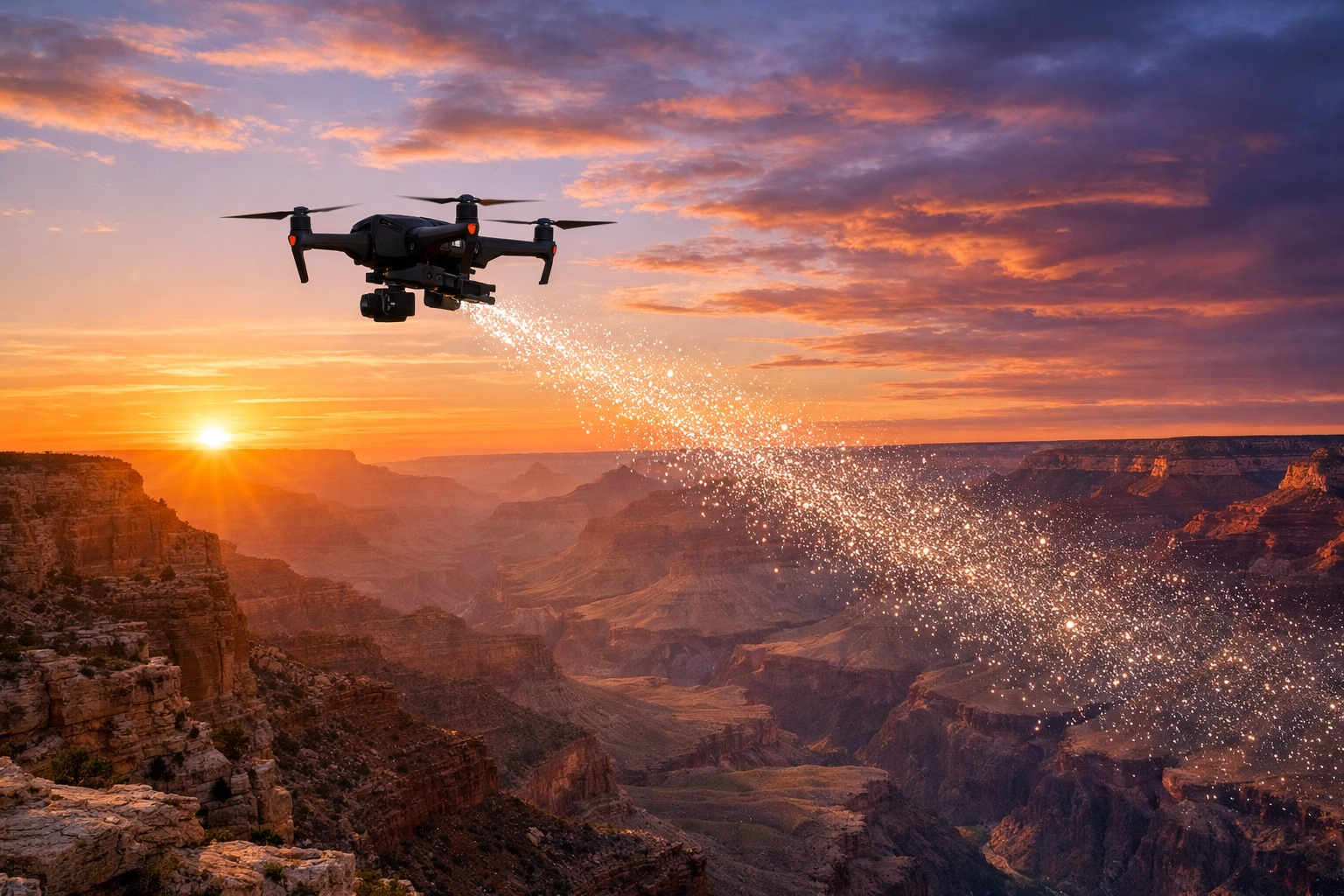 Professional drone ash scattering over the Grand Canyon during a scenic sunset memorial service.