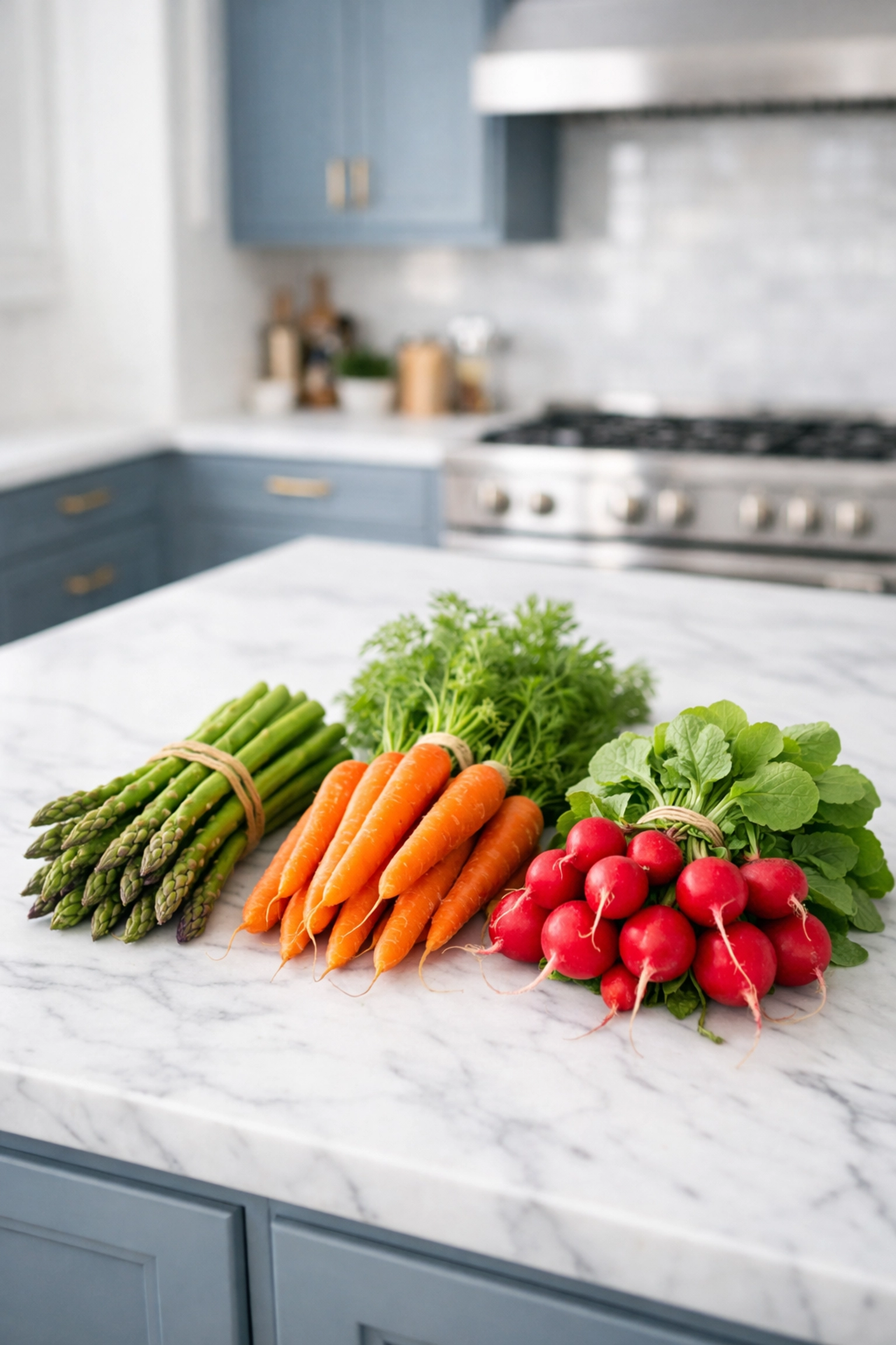 Fresh vegetables organized on a kitchen island during a weekly house cleaning session.