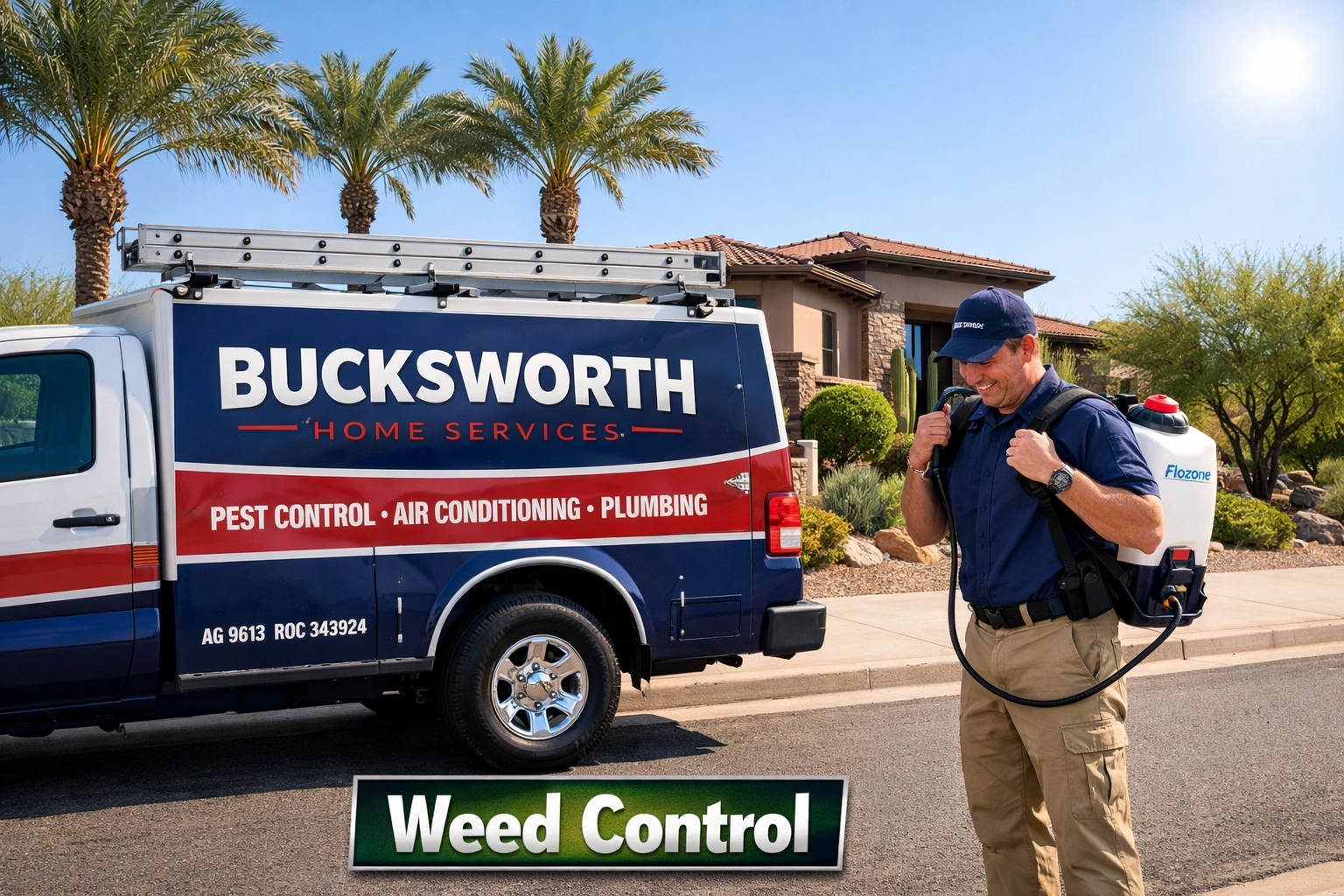 Bucksworth service truck and technician providing weed control in Mesa neighborhoods like Las Sendas and Mulberry.