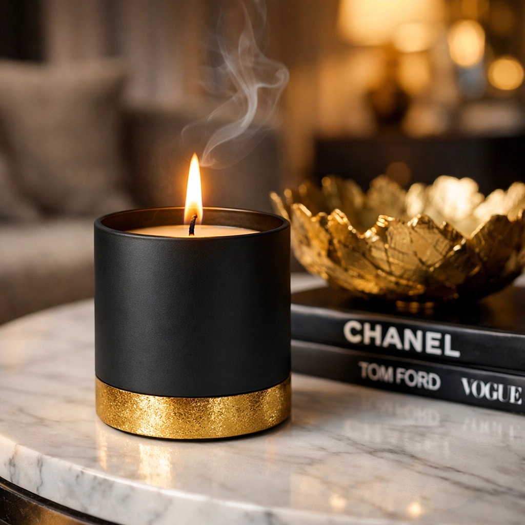 Luxury scented candle with gold accents on a marble table representing high-end Black-owned home decor.