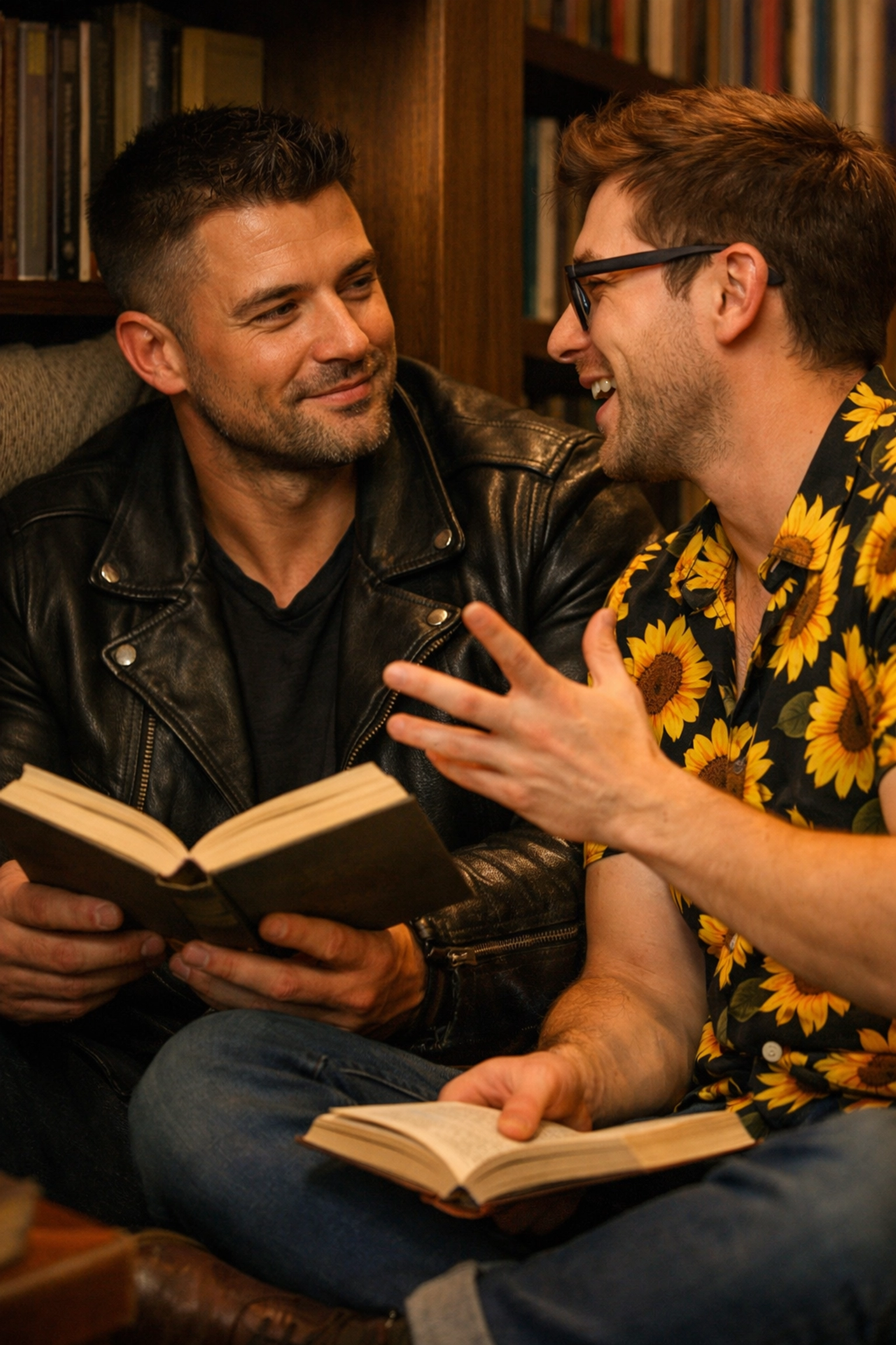 The melt moment in a gay love story where a grumpy man smiles at his sunshine partner in a bookstore.