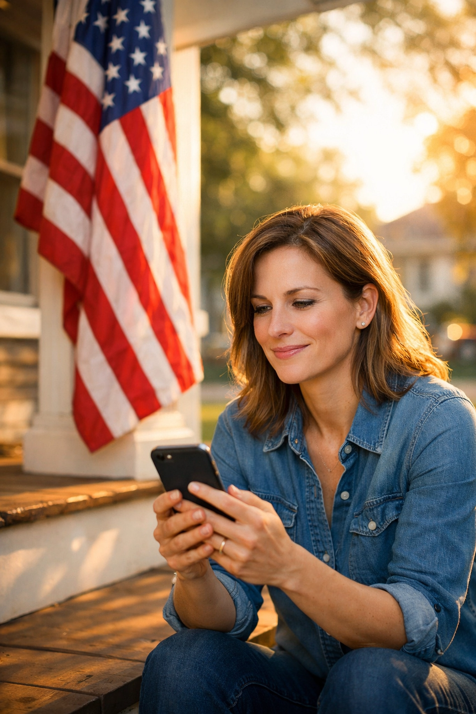 A woman inspired by a daily leadership letter sitting on her porch next to a vibrant American flag at sunset.