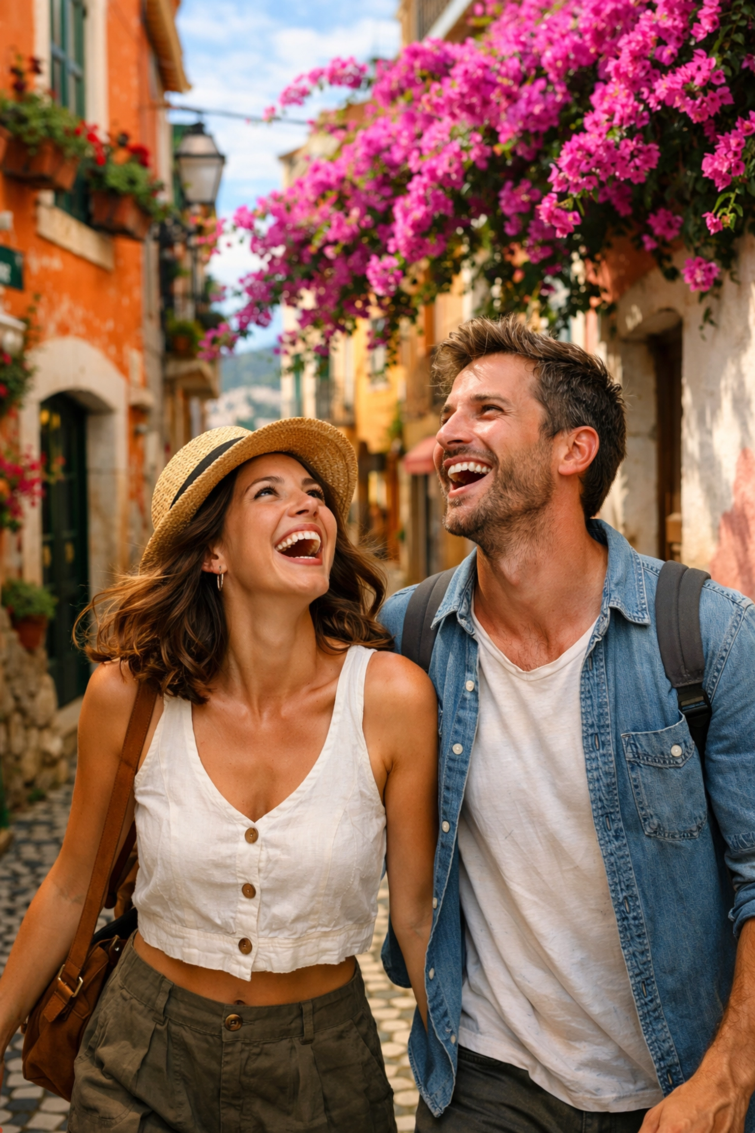 A happy couple enjoys a stress-free European vacation while walking through a charming historic street.