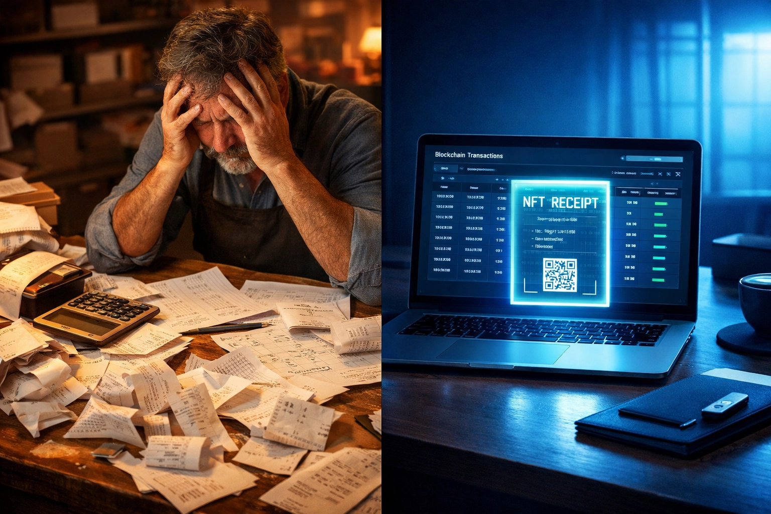 Comparison of chaotic traditional accounting versus organized blockchain-based crypto payment tracking