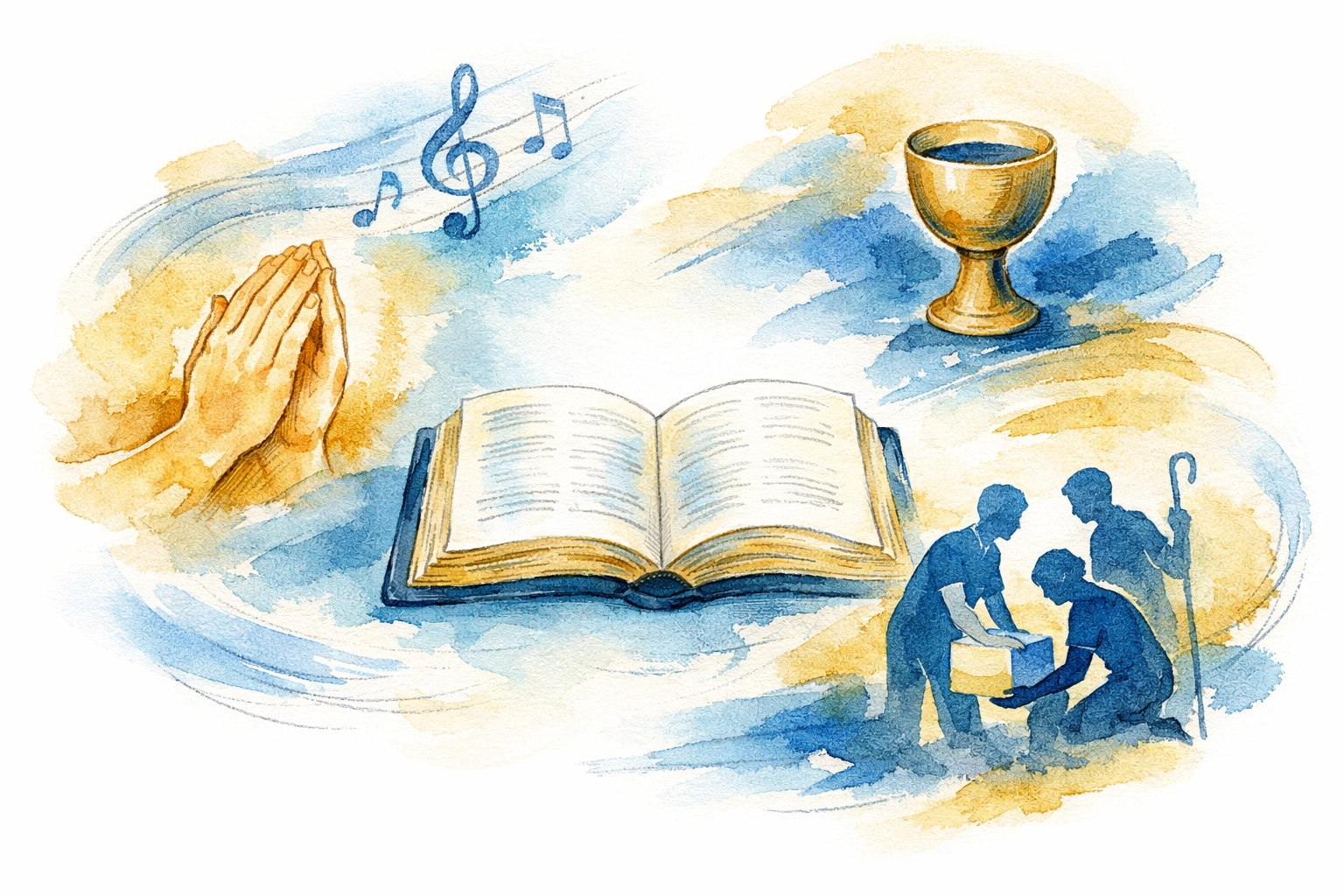 Open Bible surrounded by prayer, worship, and fellowship elements of balanced church community