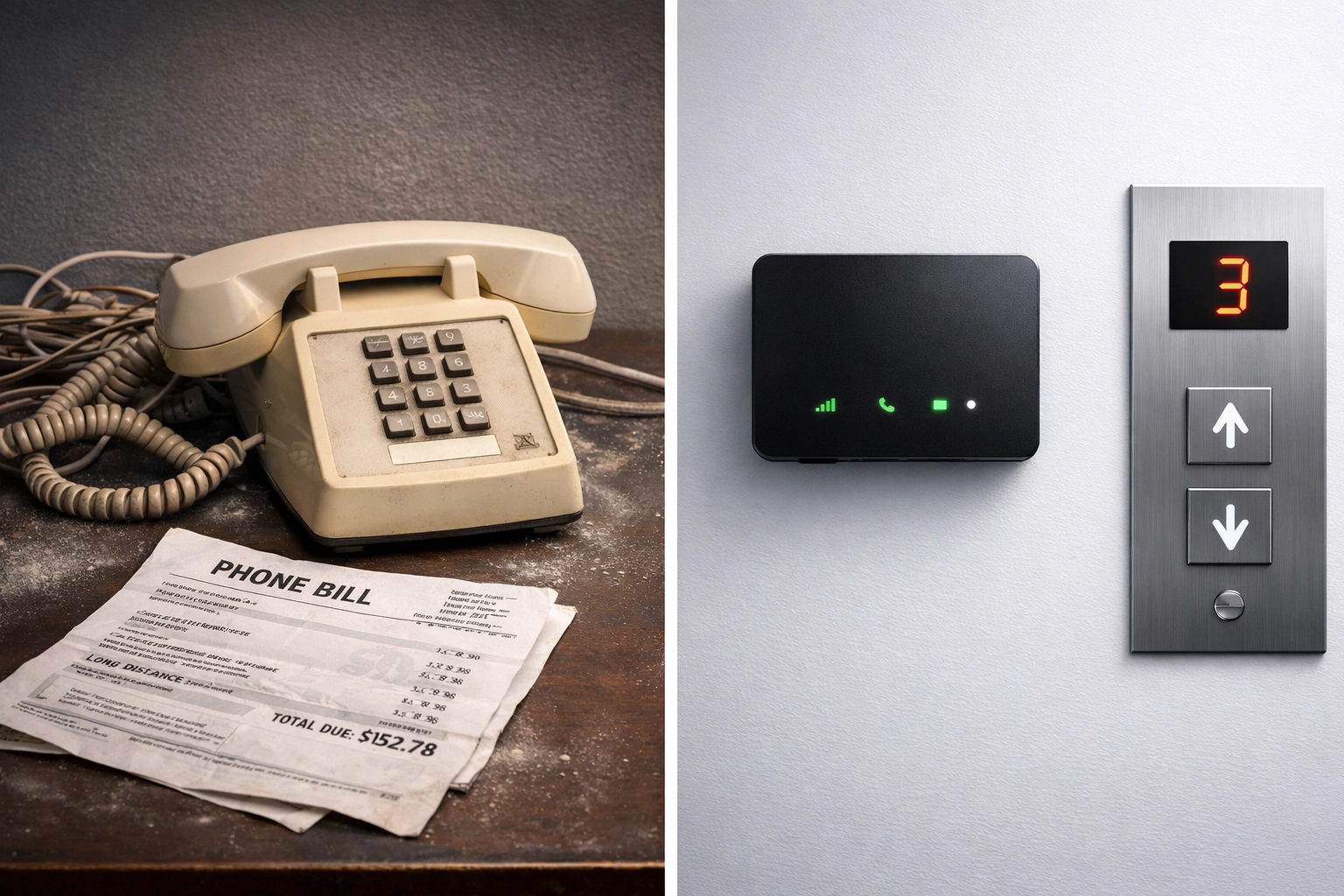 Old POTS telephone compared to modern cellular replacement device for elevator phone line upgrade