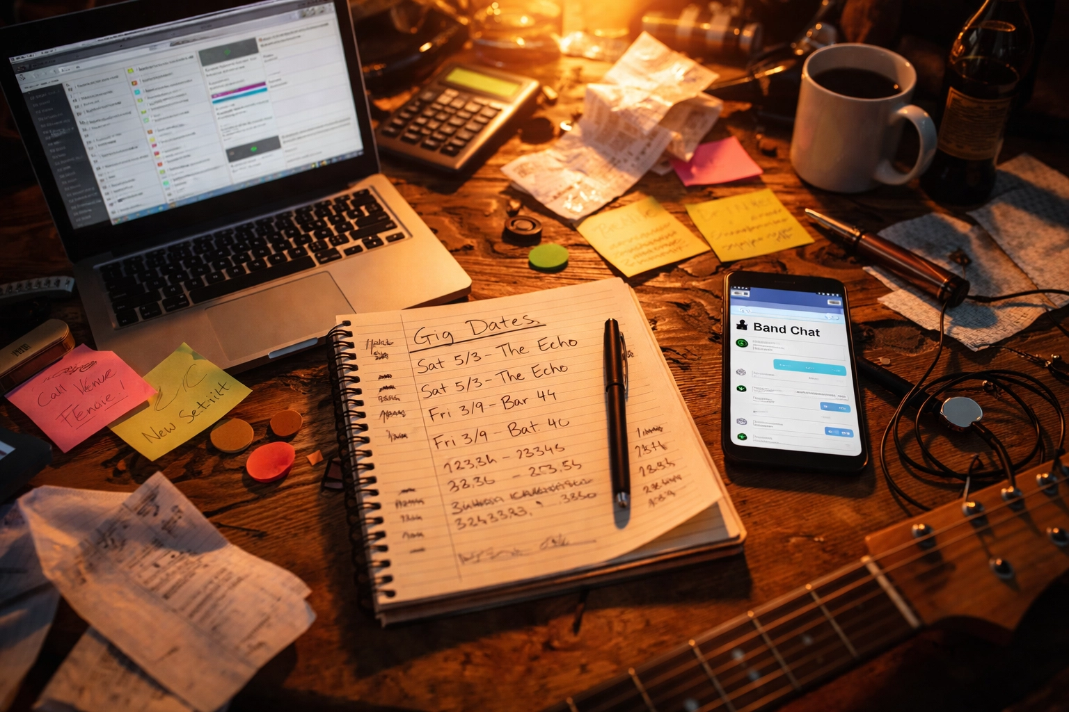 Cluttered bandleader workspace with laptop, notebook, and phone showing the chaos of manual band management