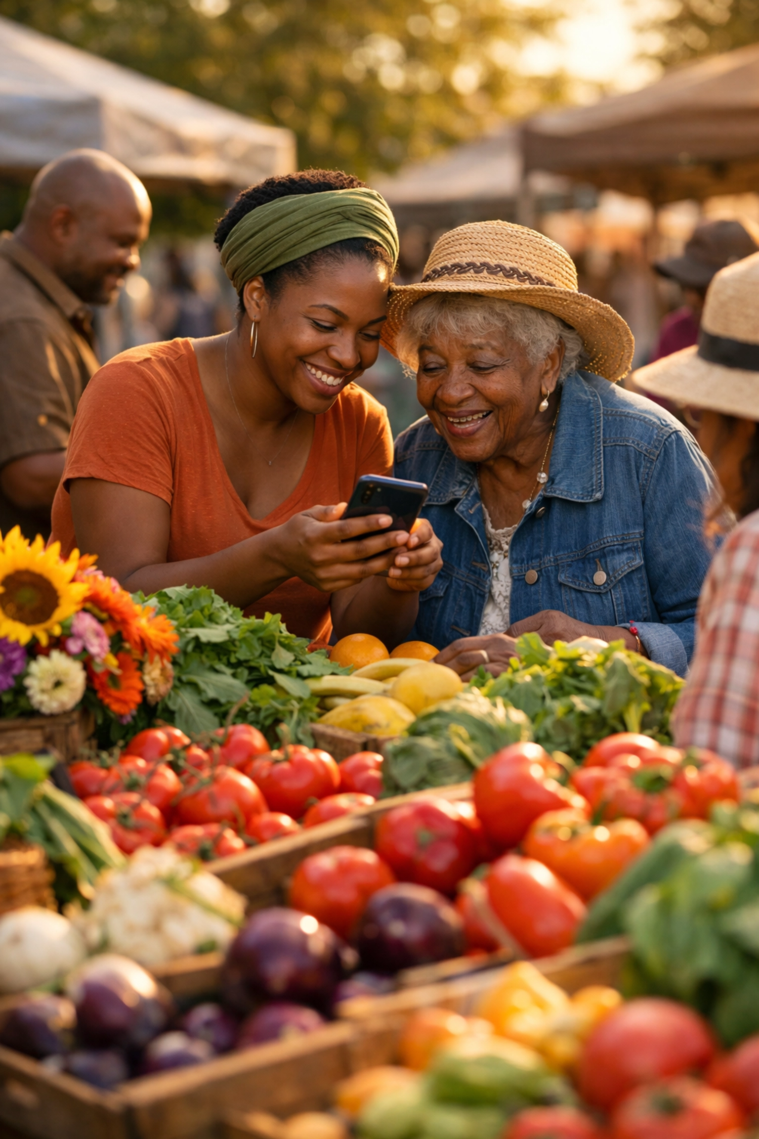 Black community members sharing fresh produce at farmer's market supporting local businesses