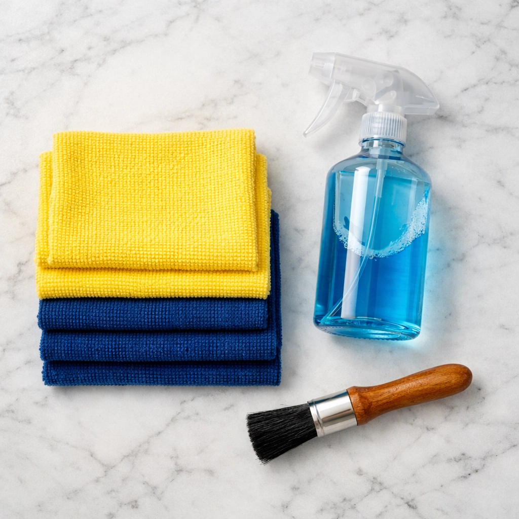 Professional cleaning supplies including microfiber cloths and disinfectant spray on a marble counter.
