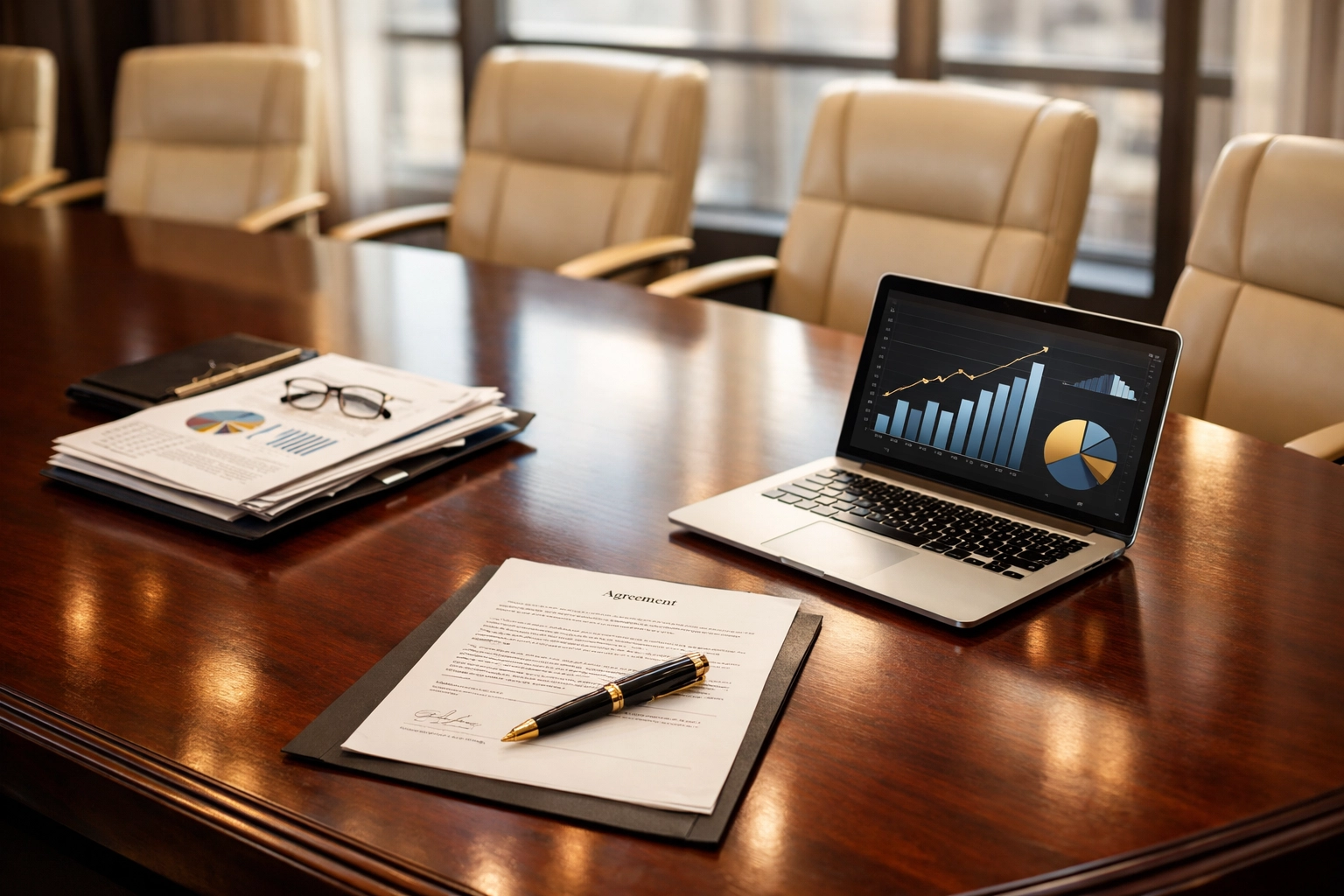 Private equity boardroom with financial documents and growth charts for deal execution