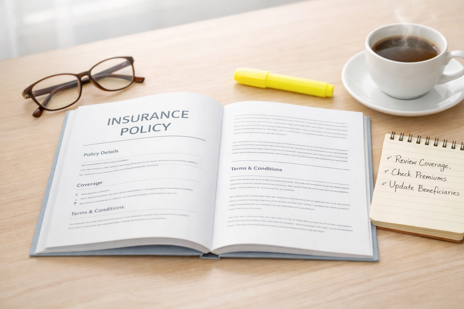 Open homeowners insurance policy document with notepad for reviewing Pennsylvania coverage