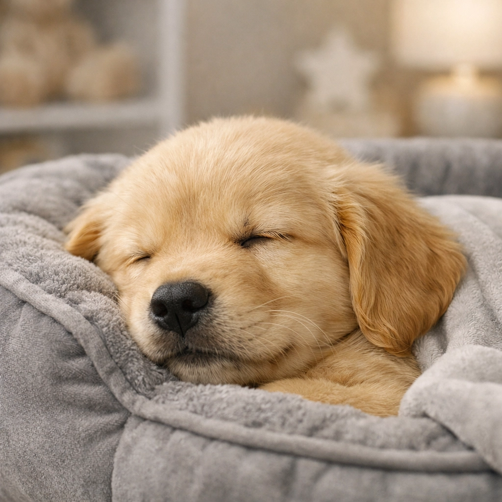 A calm temperament Golden Retriever puppy sleeping deeply, showcasing the 'off switch' needed for therapy dog work.