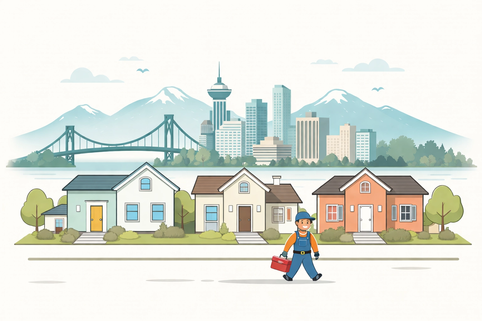 Minimalistic illustration of Vancouver skyline and a local handyman with toolbox, emphasizing trusted home repair services in the community.