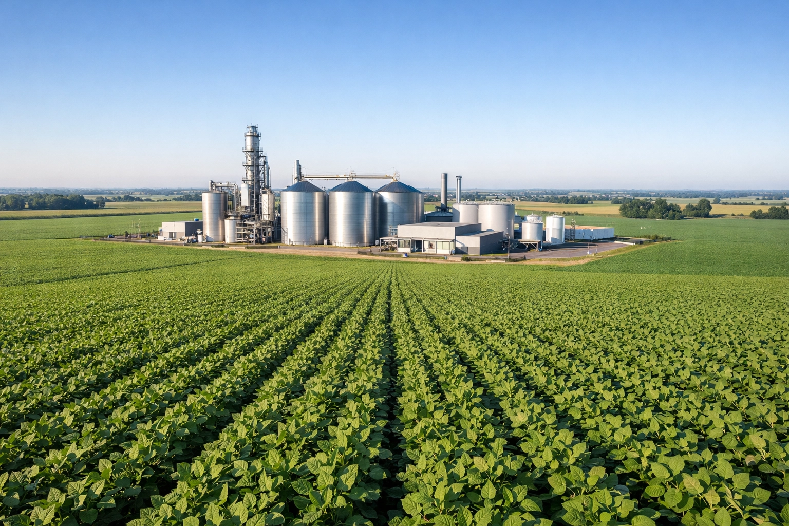 Aerial shot of a modern biorefinery in a lush soybean field supporting the EPA biofuel mandate surge.