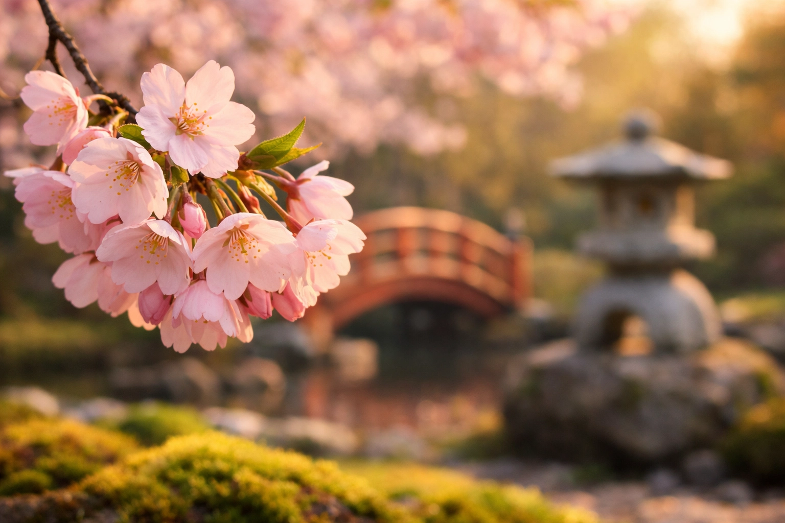 Pink cherry blossoms in bloom at the Montreal Botanical Garden Japanese Garden in spring.