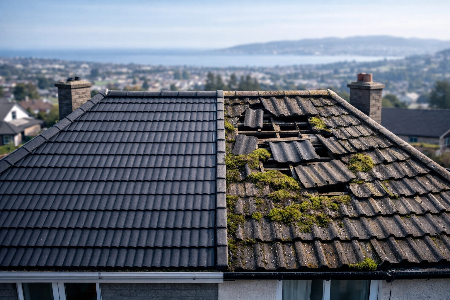 Damaged roof showing missing tiles and moss growth compared to maintained section in Northern Ireland