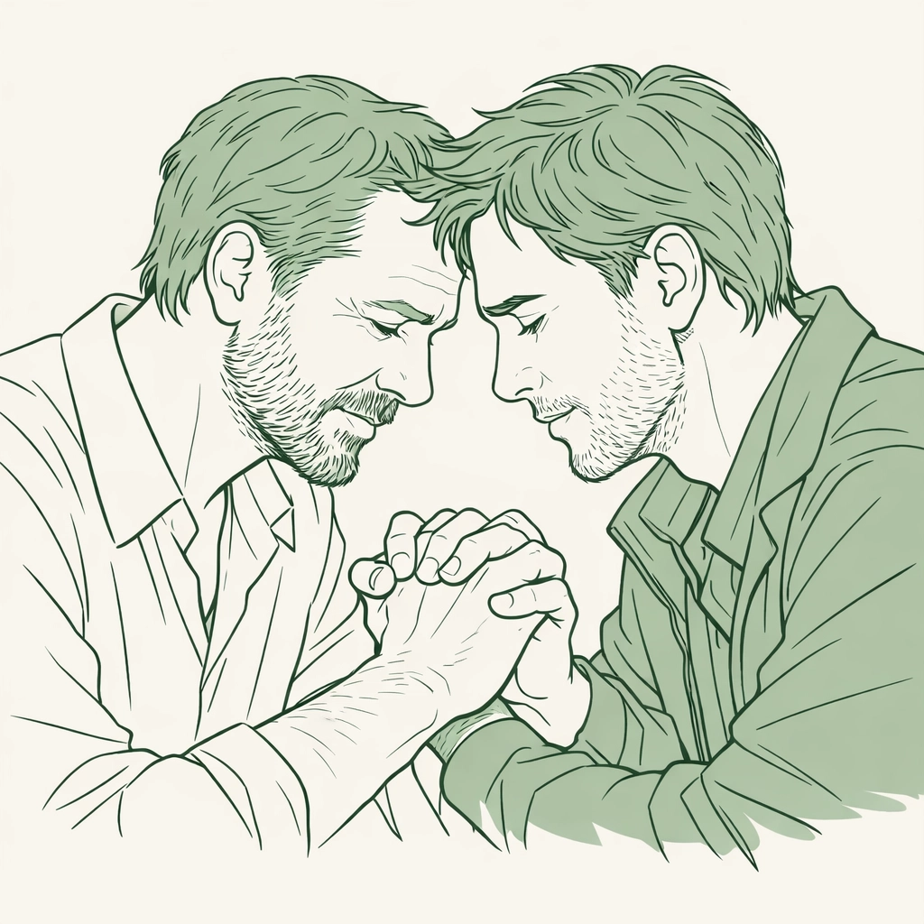 Gay couple in close conversation negotiating boundaries and trust in kink relationship