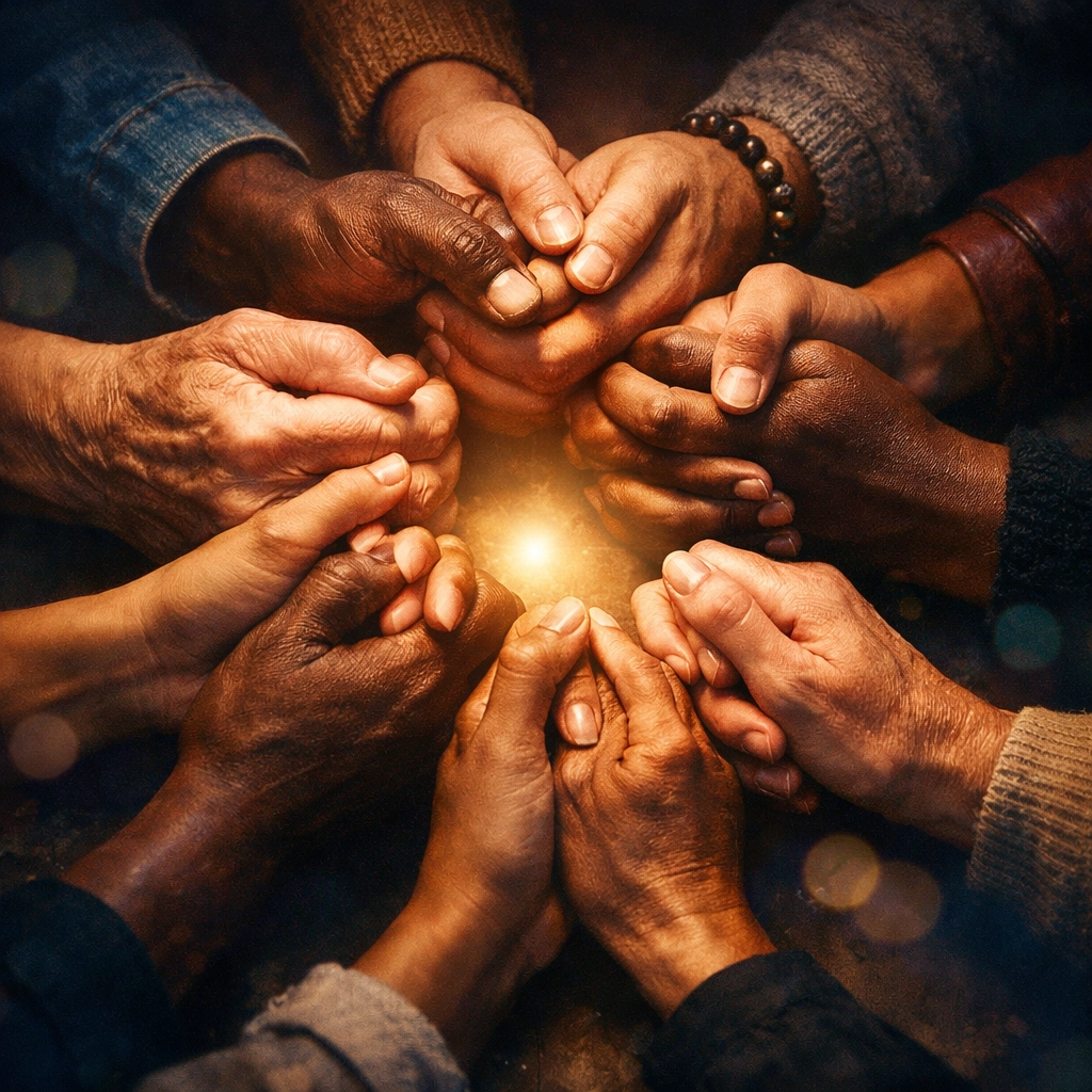 چندین دست در یک حلقه دعا به هم پیوسته بودند و بدین ترتیب ایمان جامعه و امید آنها به معجزات را ابراز می‌کردند.