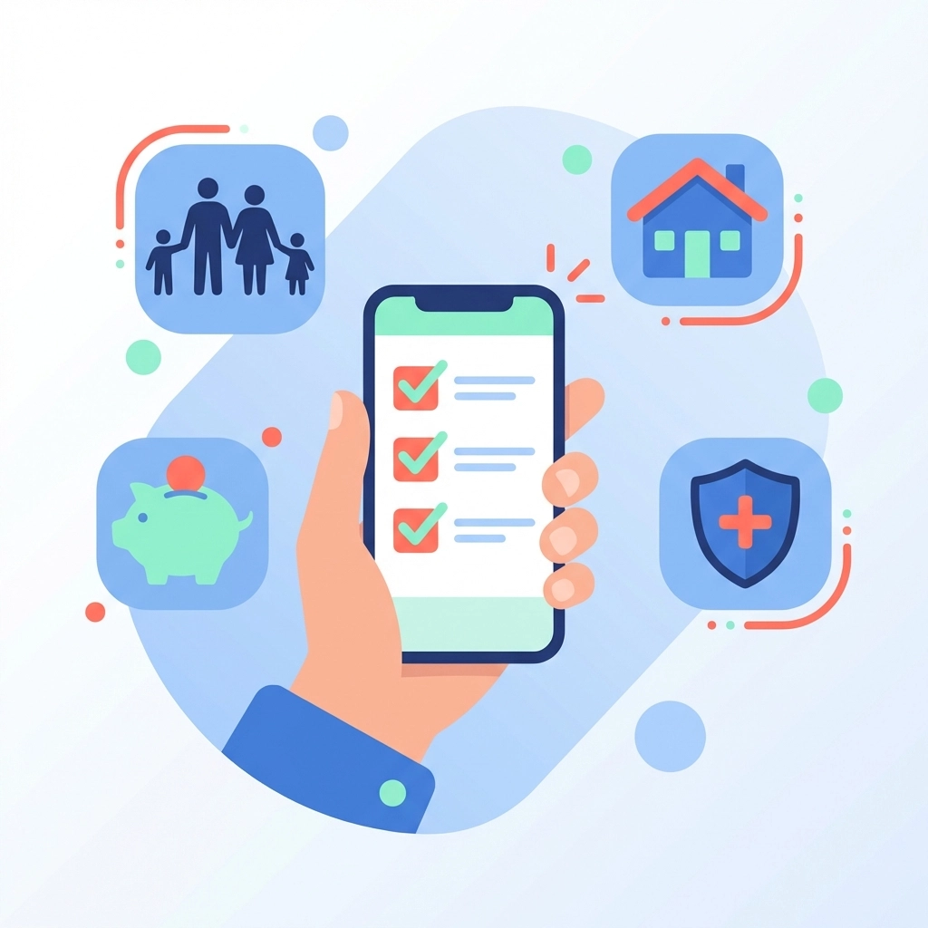 Hand holding phone with checklist, icons for family, home, and savings, emphasizing updating beneficiary information to protect your family financially.
