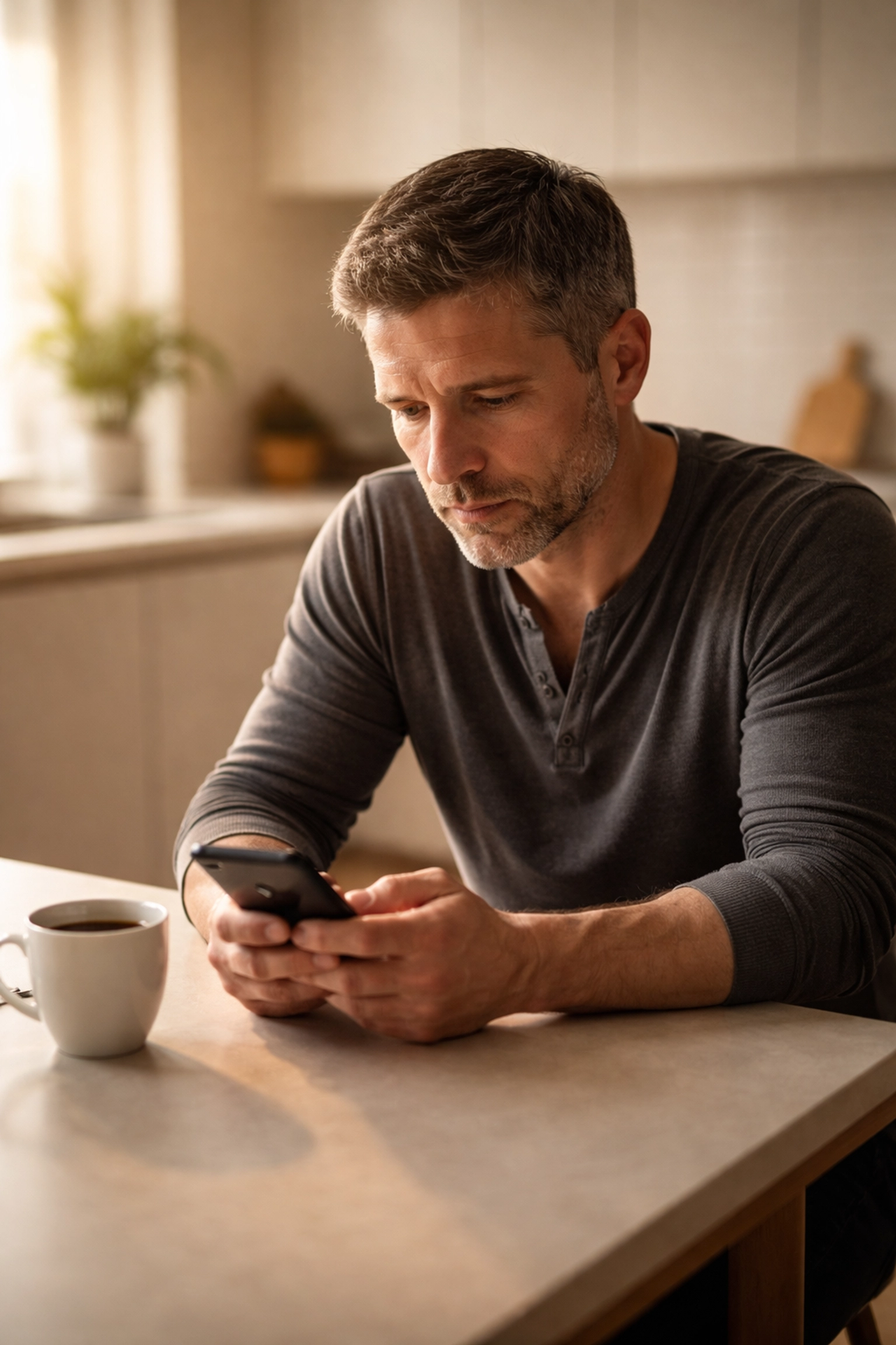 Middle-aged man in a bright kitchen looks concerned while researching erectile dysfunction treatment on his phone.