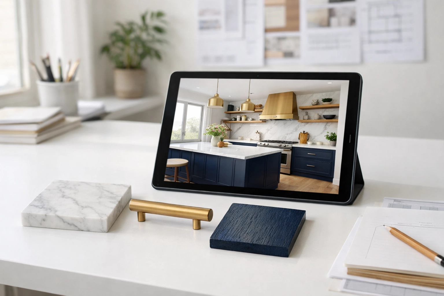 Bespoke kitchen design planning in Nottingham featuring marble and luxury wood samples.