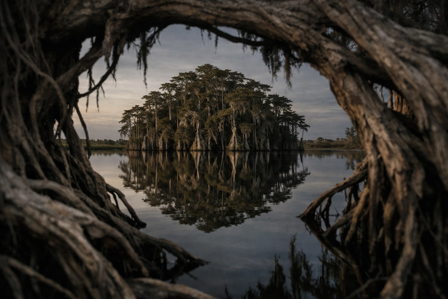 Scenic landscape of a Florida cypress dome reflected in still water during a sunset photo shoot.