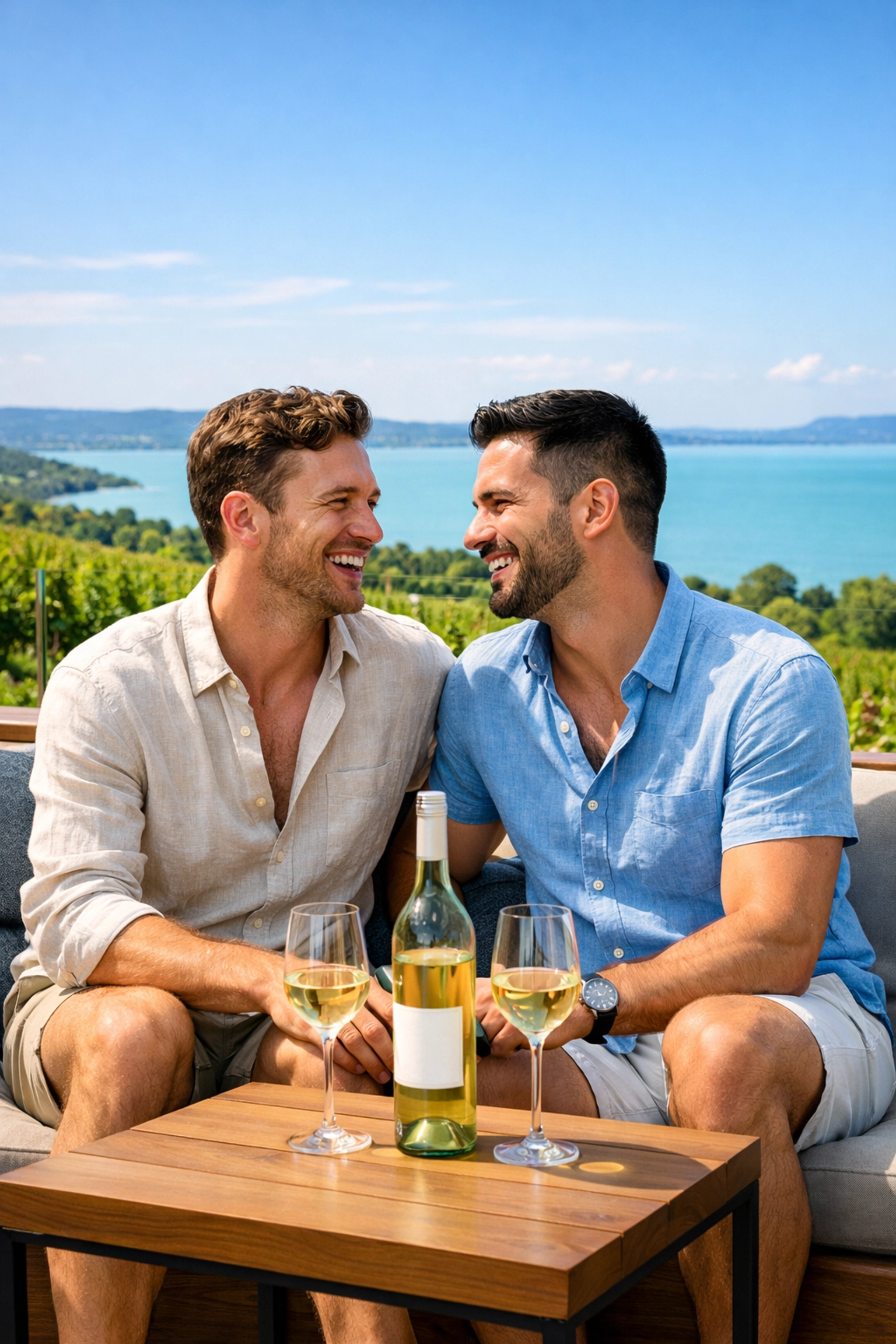 A gay couple enjoying wine at a Lake Balaton vineyard, a scene reminiscent of modern MM gym romance stories.