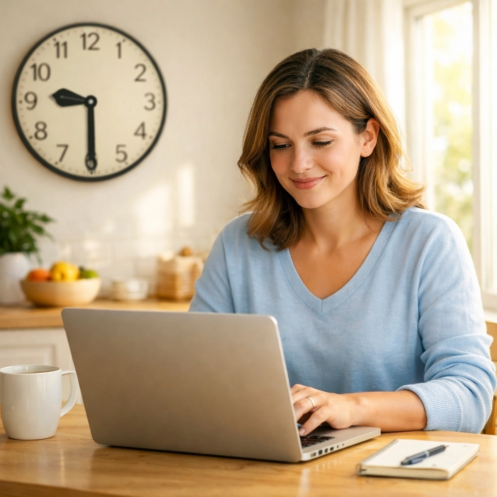 Stay-at-home mom working from home on laptop at kitchen table during morning school hours