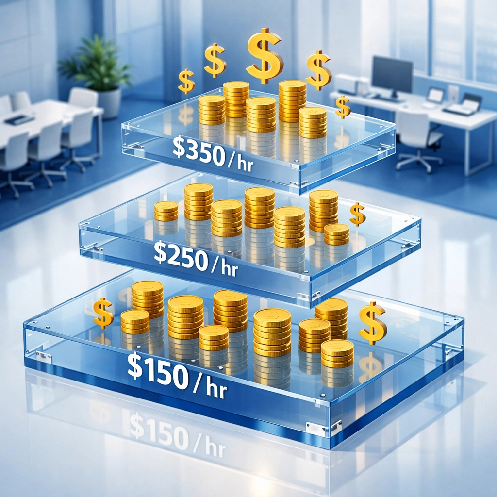 ServiceNow consulting rate tiers showing $150-$350 hourly rates for ITOM implementation services
