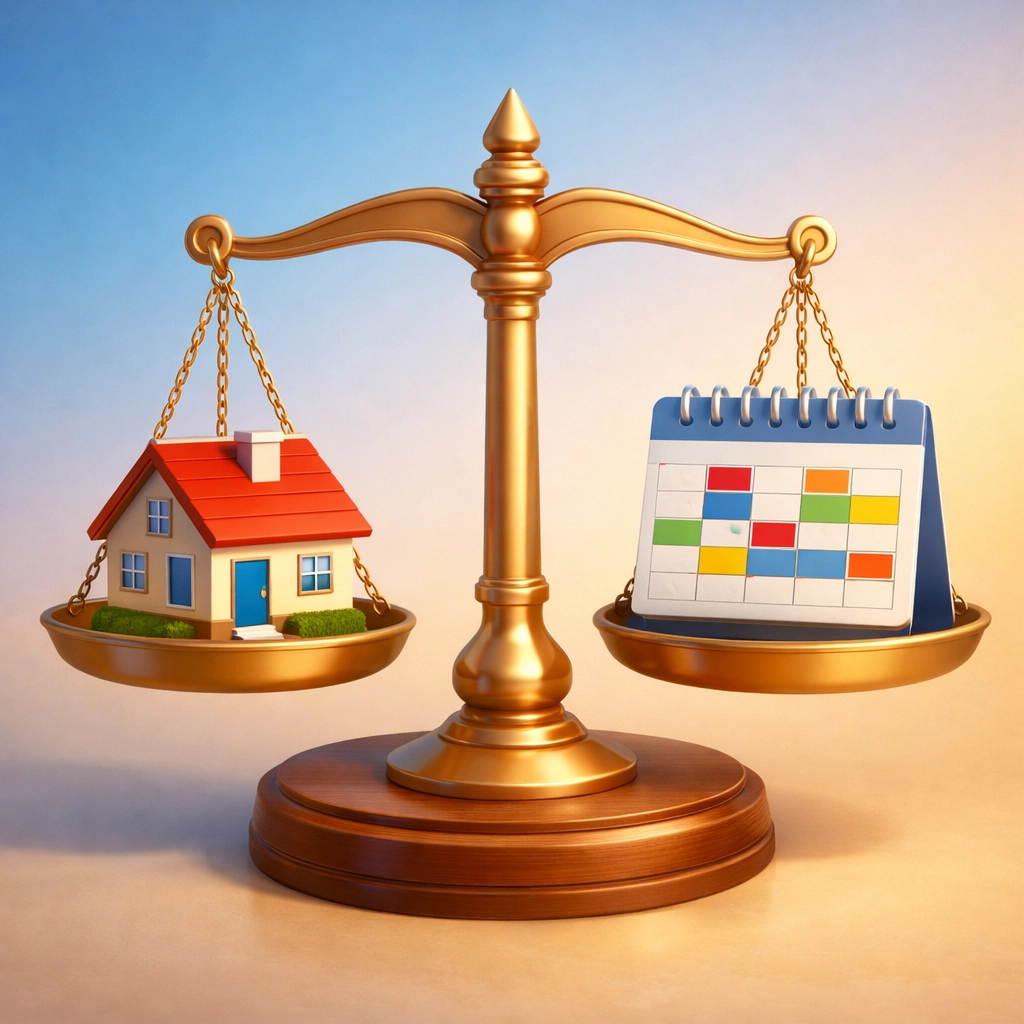 Scales of justice balancing home and calendar symbolising child arrangement orders