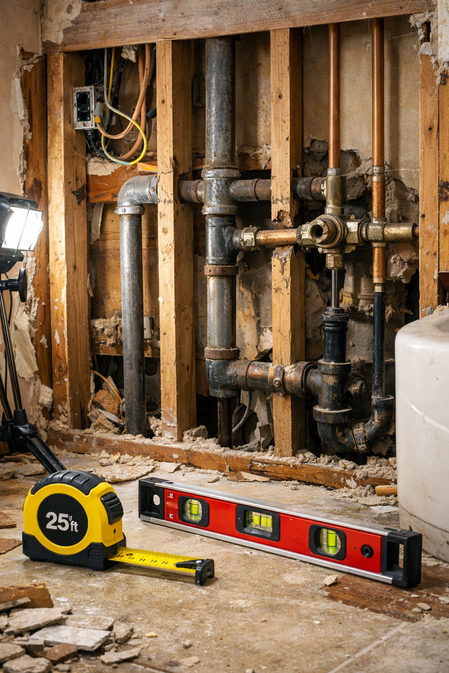 Bathroom renovation showing exposed plumbing and electrical work behind walls in Gainesville