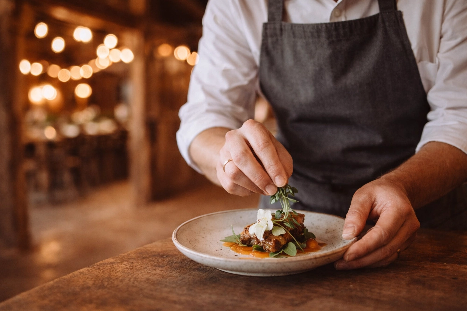 A professional caterer carefully garnishing a plate