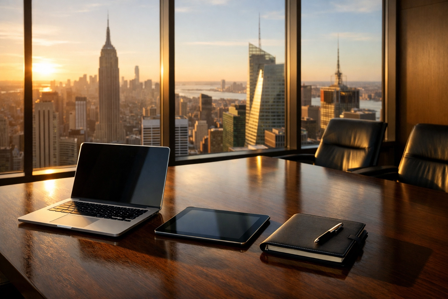 Corporate boardroom at golden hour representing the Dakdan 4PM Strategy for strategic business growth.