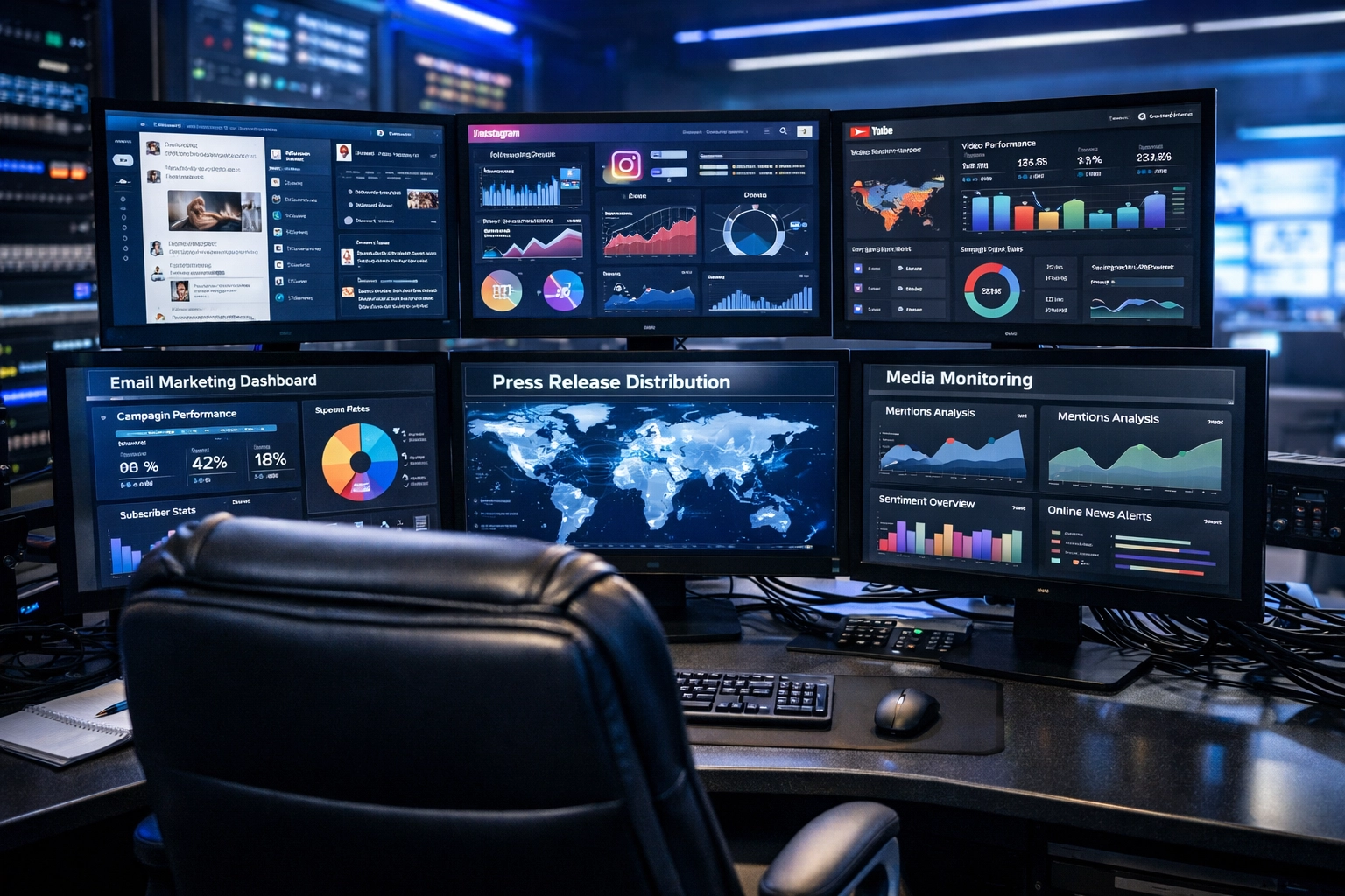 Multi-channel press distribution control center for automated sports marketing coverage