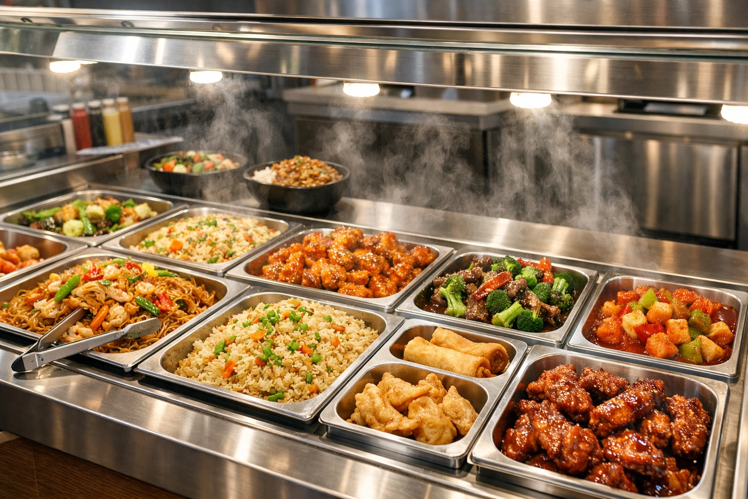Quick-serve restaurant hot case displaying Asian cuisine menu items for independent operators