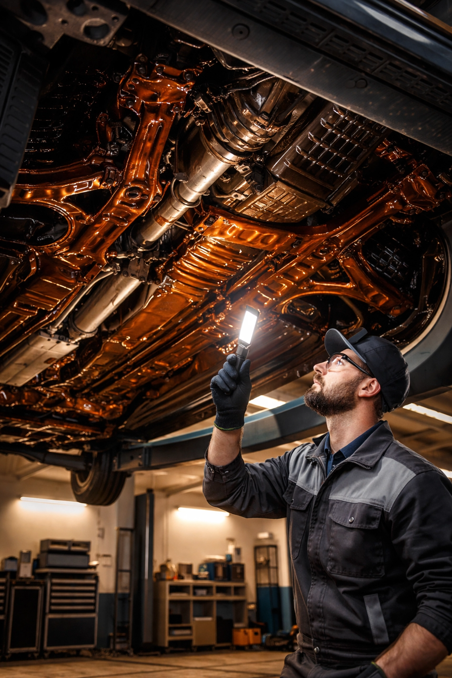 Technician inspecting a car's undercarriage after rustproofing treatment in a professional automotive workshop.